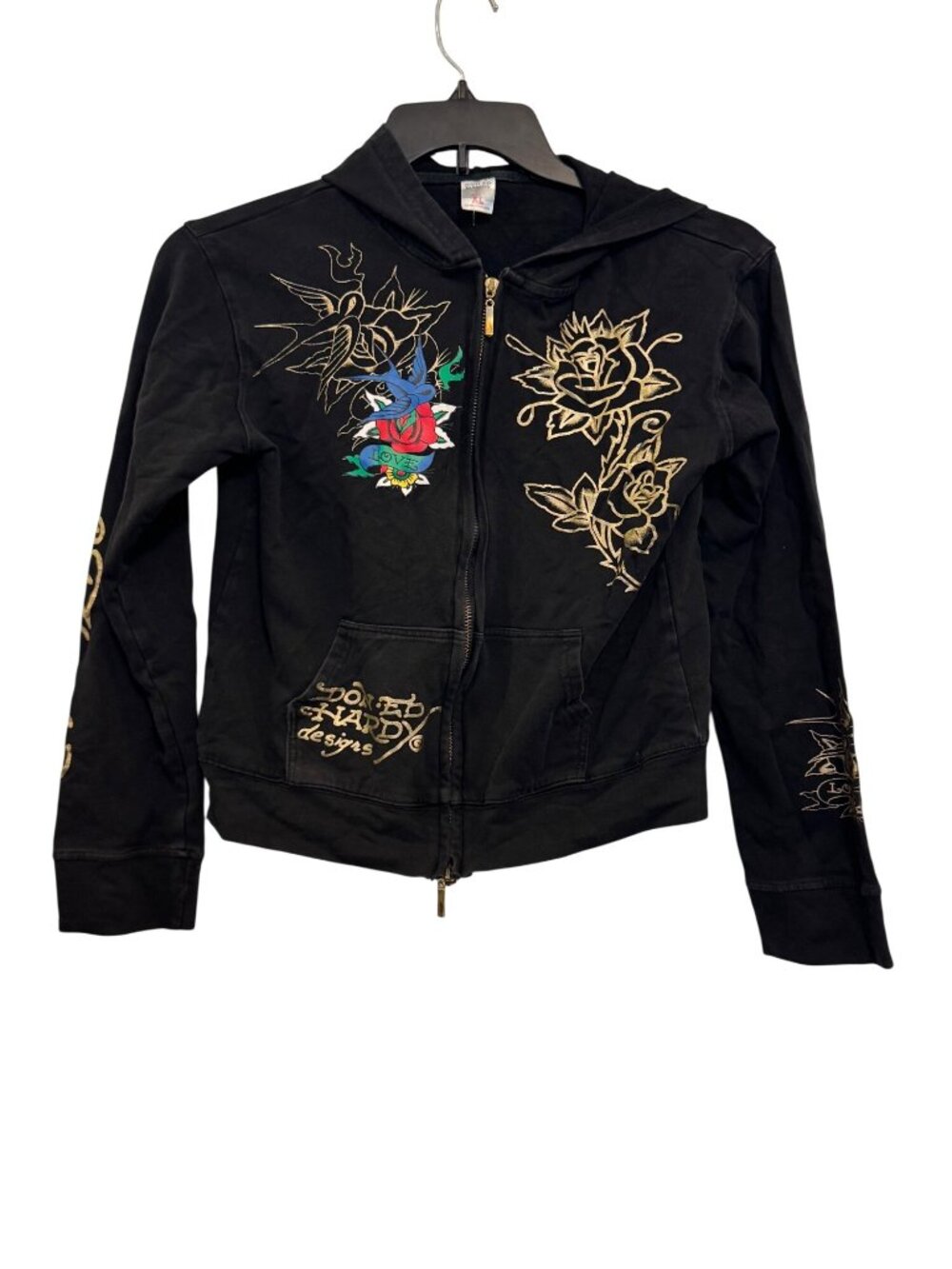 Vintage Ed Hardy Black Zip-Up Hoodie XL Tattoo-Inspired Y2K
